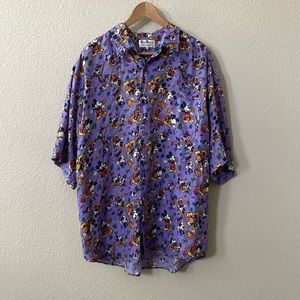 Silk Violet Disney Mickey Minnie Print  Vintage Men's Button Down Silk Top Sz:XL
